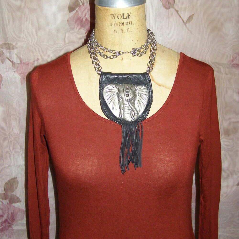 ONE of a KIND! Unique Statement Necklace Vintage Elephant Head Metal and Leather